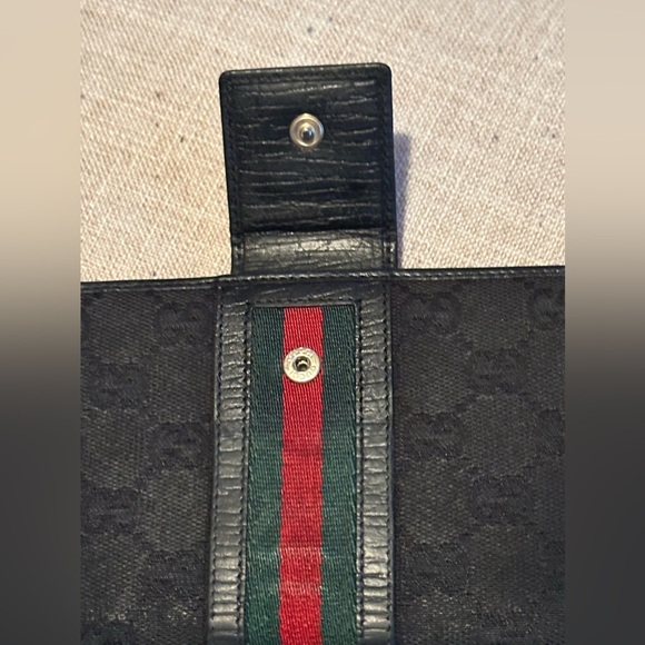 Preloved Gucci Jacquard/Leather Sherry Line Black Wallet; can use as crossbody. - Picture 6 of 12